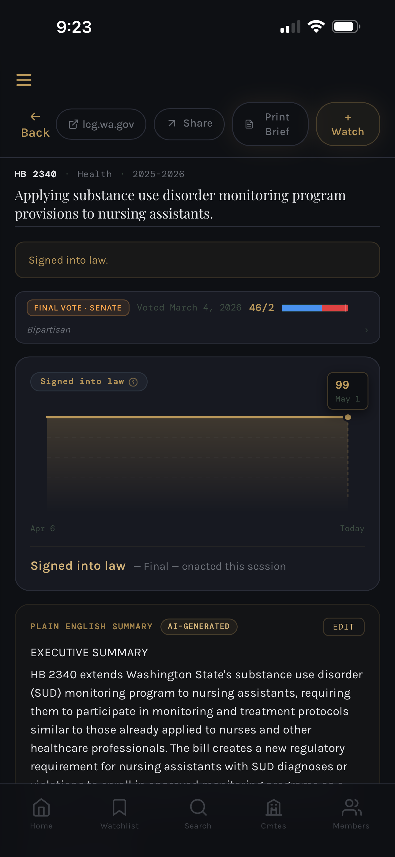 Vector | WA bill detail page for SB 6226 showing a score of 99, a Senate floor vote of 49-0, and a score sparkline.