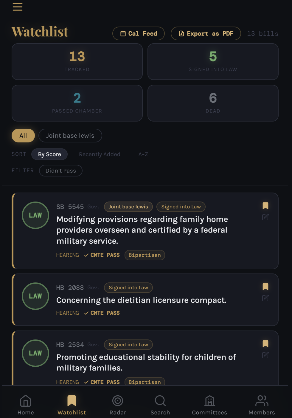 Vector | WA watchlist on mobile - tracked bills with trajectory scores and tags