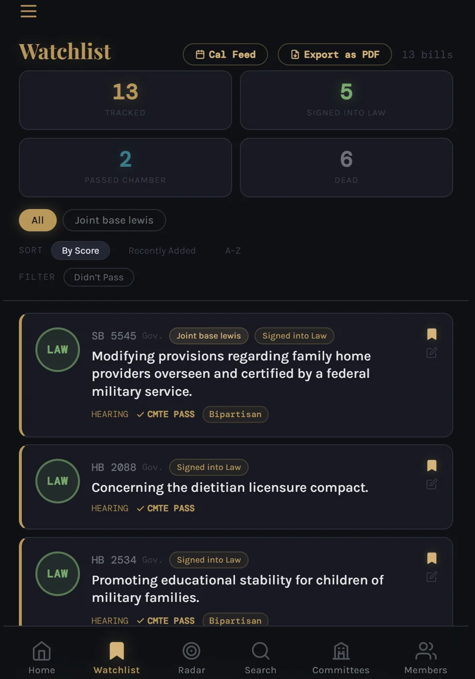 Vector | WA watchlist on mobile - tracked bills with trajectory scores and tags